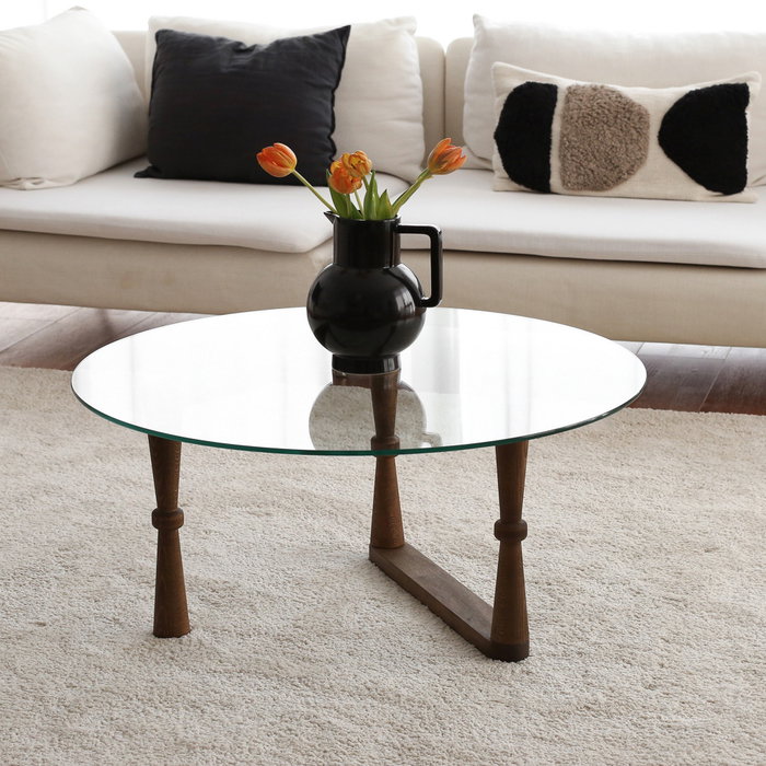 Hanah Home Mesa de Centro Redonda de Cristal Templado y Madera Nogal